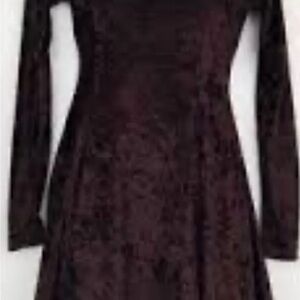 Vintage 90s Crushed Velvet Brown Long Sleeve A-Line Cocktail Dress
